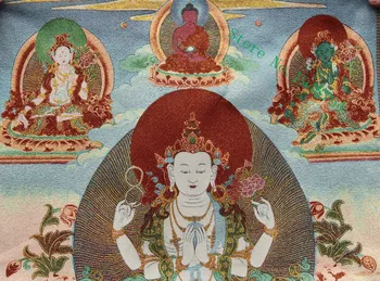 36 inch Tibet Mătase broderie 4 Parte Chenrezig Buddha Avalokiteshva Thangka Pictură Murală