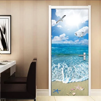 3D Ușa de Fundal Cerul Albastru Nori Albi Plaja Murală Living, Dormitor cu Usa Autocolant PVC, Auto-Adeziv de Tapet Vinil rezistent la apa