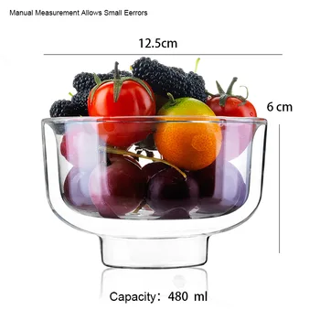 480ml Rezistente la Căldură Perete Dublu Strat Bol de Sticlă Creative Rotund Transparent Cafea Desert Salata de Fructe Bol cu Tacamuri Drinkware