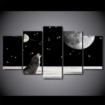 5 Bucată HD Tipărite Lupul Urlă Pictura Noapte cu Lună Panza Printuri Alb-Negru Postere si Printuri transport Gratuit NY-7194C