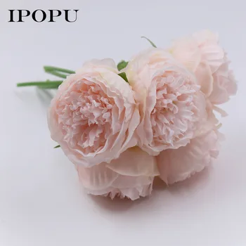 5 Deschideți Muguri de Capete/Buchet de flori Artificiale de Trandafir flori de Mătase European de Toamna Vie Bujor Fals Frunze de Nunta Petrecere Acasă Decorare