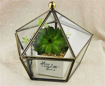 Alamă și Cutie de Sticlă, în Formă de Pentagon Dom Capac, Bijuterii Vintage Caz, in Miniatura Terariu,Display Trinket Box, de Epocă, Decor Acasă
