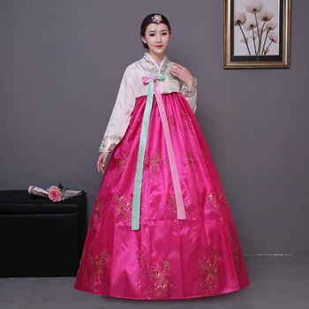 Albastru Broderie tradițională coreeană rochie roz femei din bumbac coreeană hanbok costum național de performanță etapă aisa îmbrăcăminte
