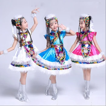 Albastru Copii, Sala de populare chineze pentru dans costume copil mâneci Scurte mongolă naționalitate rochie de dans includ articole pentru acoperirea capului