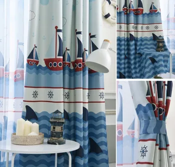 Albastru Perdele Opace pentru Baieti Bedroom Ocean cu Barca pe Mare Cârma Perdele pentru copii, Camera de zi Fereastră Perdele, Jaluzele Tul Pur A17
