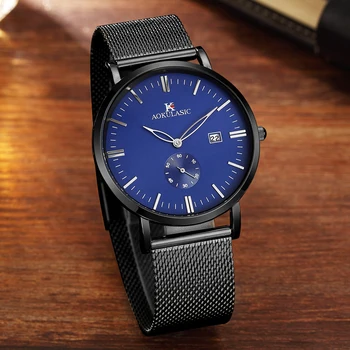 AOKULASIC 2018 Top de Lux de Brand Nou Stil de Moda Ultra Subțire din Oțel Inoxidabil Plasă Watchband Impermeabil Cuarț Mens Watch