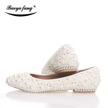 BaoYaFang Alb perla de Cristal femei pantofi de nunta Plat de dimensiuni mari, de sex feminin pantofi branț de piele femei pantofi de Mireasa pantofi de partid