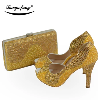 BaoYaFang Aur cu perle si cristale Femei pantofi de nunta cu saci de potrivire Peep toe Deschide partea de Moda, pantofi și poșetă de femeie