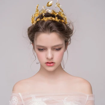 Baroc Aur Margele Coroana Nunta Tiara de Mireasa Accesorii de Par floare de aur perla bentita Femei Nupțial Diadema Diademe