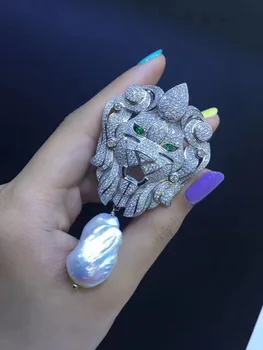 Baroc naturale de apă dulce pearl brosa argint 925 cu zircon cubic cap de leu brosa unisex moda bijuterii