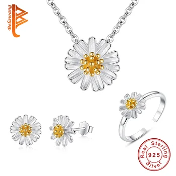 BELAWANG Argint 925 Floare Daisy Colier, Cercei și Inel Seturi de Bijuterii pentru Femei, Nunta, Logodna Bijuterii de Argint