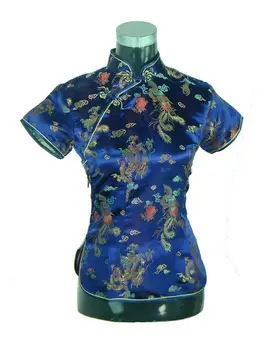 Bleumarin Epocă Chinezi de sex Feminin Cămașă de Mătase Noutate Dragon Tang Costum Topuri realizate Manual Bluza Mujere Camisa S M L XL XXL