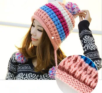 BomHCS Coreea Drăguț Toamna Iarna Cald Mozaic De Culoare Pălărie Tricotate Ear Muff Handmade Femei Beanie Cap