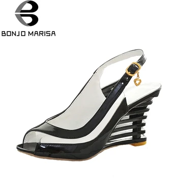 BONJOMARISA Mare Wedge Sandale cu Toc Catarama Deget de la picior Deschis Transparent Pantofi de Vara pentru Femei Pantofi de Brevet PU Sexy Vara Pantofi de Brand Nou