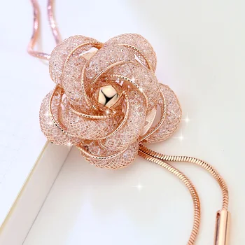 Brand de Lux Camellia Floare Pandantiv Colier de Cristal CZ Tassel Colier Lung pentru Femei Pulover Lanț All-meci de Bijuterii Decorative