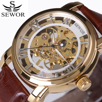 Brand de lux de moda Bărbați schelet vintage ceas mecanic de mana-vânt ceas Curea din piele Ceasuri Steampunk Antic Încheietura ceas