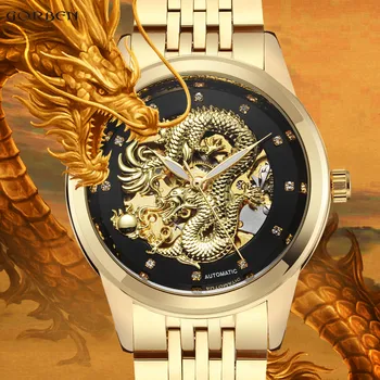 Brand de lux Dragon Schelet Automate Mecanice Ceasuri Barbati Ceas de mână din Oțel Inoxidabil Negru Ceas de Aur Impermeabil Bărbați relogio