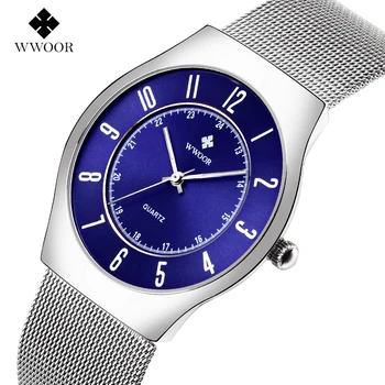 Brand de lux WWOOR Ceasuri Bărbați Cuarț Ceas din Oțel Inoxidabil Plasă de Argint Curea Ultra Slim Dial Impermeabil Ceas Relogio Masculino