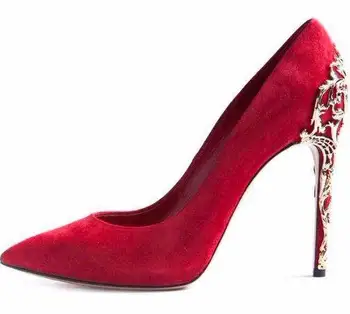 Brand de Top Roșu de piele de Căprioară Negru a Subliniat Toe Pompe de Aur Cut-out Tocuri Metalice Rochie Pantofi cu Toc Subțire de Mare de Metal Decorat Pantofi de Nunta