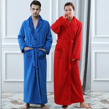 Bărbați Femei Îngroșarea Fleece Termic Extra Lungi Halat de baie Mens Plus Dimensiune Iarna Kimono Cald Halat de Baie Masculin Halat de blana Haine