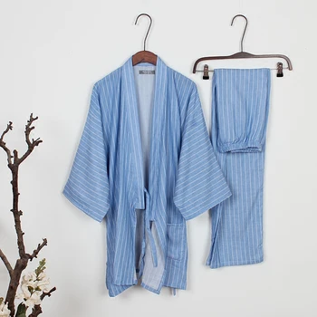 Bărbați Pijamale kimono din Bumbac Sleepwear Strat Dublu de Tifon Pijamale Barbati Lounge kimono Pijama Set Vrac dungă