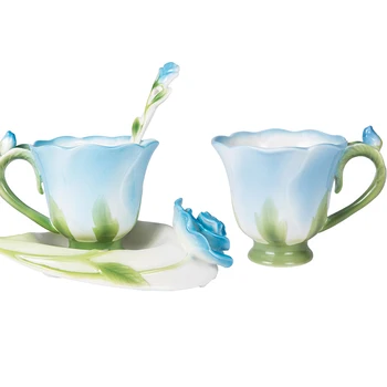 Cel mai bun 3D Rose Forma Floare Email Ceramic de Cafea Ceașcă de Ceai și Farfurie Lingura de Înaltă calitate Ceașcă de Porțelan Creative Valentine Cadou de Design