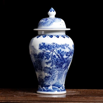 Chineză Design Peisagistic Albastru Și Alb Porțelan Vaze Ceramice Templu Ghimbir Borcane