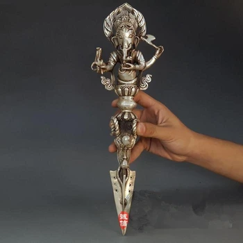 Colectie Vechi Manopera Tibet argint Budist Sabie,Metal artizanat cap de Elefant familie decoratiuni/Ritual tibetan Pumnal statuie
