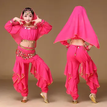 Copii indieni Dans Indian 4 bucata Set Costum (de Sus, Curea, Fusta și Bucăți de Cap) Copii Bollywood, Dans, Costume, pentru Fete