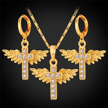 Cruce Colier Cercei Set Pentru Femei de Moda Bijuterii de Culoare de Aur cu Aripi de Înger Stras Bijuterii de Mireasă Seturi PE1106