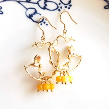 Culoare de aur, două păsări moda bijuterii Legăna Cercei handmade cercei cu galben piatra naturala pentru femei, cadou