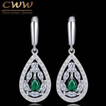 CWWZircons Superba Pere în Formă de Picătură Verde Cubic Zirconia Cristale Mari de Timp Piercing Ureche Hoop Cercei Pentru Femei CZ161