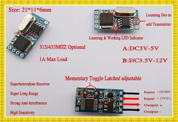 DC3V 3.6 V, 3.7 V, 4.5 V, 5V Control de la Distanță Comutator Micro Mini RF Receptor Transmițător RX TX 315/433 Mos Nici un Sunet Wireless Switch M T L