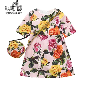 De vânzare cu amănuntul 2-8 ani cu maneci fata rochie de imprimare + sac de flori vară pentru copii