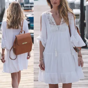 De vânzare la cald 2017 vară șifon plajă rochie casual new slim lace îmbinare rochii sexy femei felinar alb cu mânecă îmbrăcăminte pentru femei