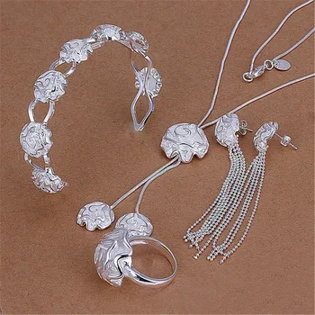 De vânzare placat cu argint seturi de bijuterii feminin, elegant rose floare pandantiv colier bratari inel Cercei Stud S298