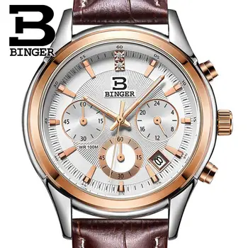 Elveția BINGER bărbați ceas de lux de brand, Quartz rezistent la apa curea din piele auto Data, Cronograf Ceasuri de mana BG6019-M3