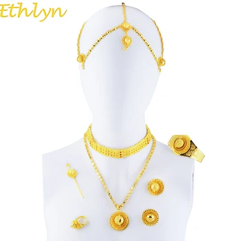 Ethlyn Etiopian Seturi De Bijuterii De Culoare De Aur Cravată Colier& Etiopian Manual Lanțuri De Lux Seturi De Femei Bijuterii De Nunta S139