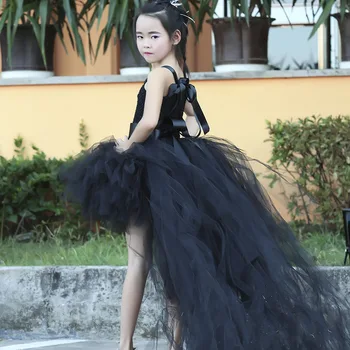 Fata Elegant Negru V-neck Rochie Fete Copii Vara Podea Trenul Petrecere Rochii Tutu Halloween Costum de Unicorn Pentru Copii