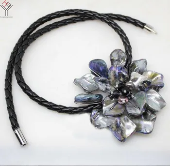 Femei Bijuterii perle naturale cristal luminos Gri albastru pandantiv floare cochilie de sidef colier negru din piele de 18