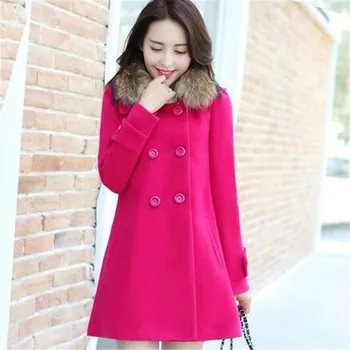 Femei haine noi de moda de iarnă haină de lână lung secțiune mare guler de blană de mari dimensiuni femei solide dublu rânduri outerwea