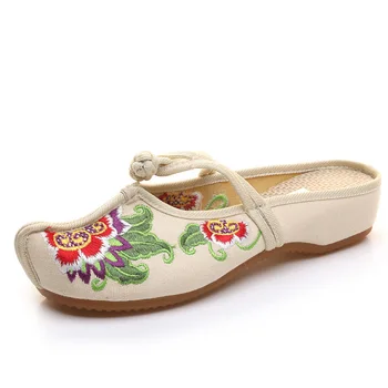 Femei Vintage Pantofi Thailanda Stil Nou Lenjerie De Pat Classis Chineză Brodate Vechi BeiJing Flori Sandale Papuci Dimensiune 35-41