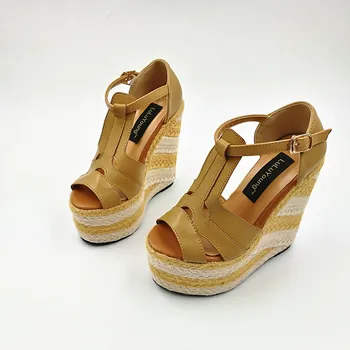 Femeile pene 13.5 cm tocuri inalte, sandale de Paie toc pantofi Casual, pantofi platforma sandale sy-1119
