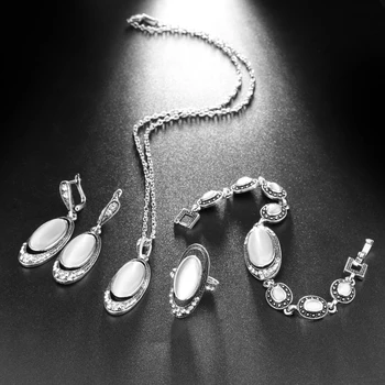 Fierbinte 4buc/Seturi de Nunta Vintage Set de Bijuterii Pentru Femei Antice de Argint de Culoare Alb Opal Inel Colier Bratara Si Cercei Mai bun Cadou