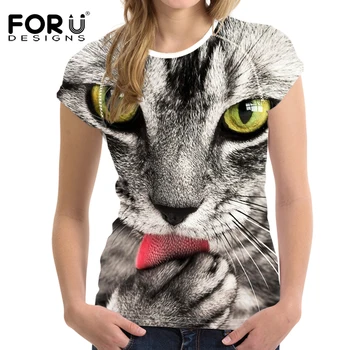 FORUDESIGNS Vara Femei Tricou de Moda cu Maneci Scurte Respirabil Topuri Tee Animal Cat de Proiectare O-gât Confort Tricouri pentru Femei