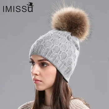 IMISSU de Iarnă Pălării Beanie pentru Femei Tricotate din Lână Chelioși Casual Pălărie cu Real Raton Fox Pompom Blană de Culoare Solidă de Schi Gorros Capac