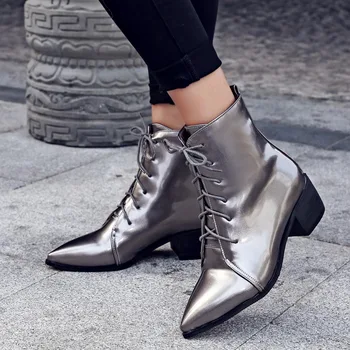 Intenția inițială de Moda Super-Femei Glezna Cizme a Subliniat Toe Toc Patrat Cizme Negru Gri Argintiu Pantofi de Femeie NE Dimensiune 4-15