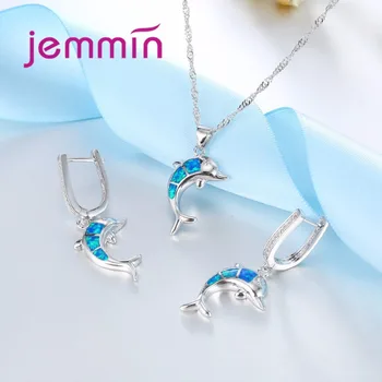 Jemmin Nou Minunat Sari Delfin Set de Bijuterii Femei Albastru Opal Colier/Cercei Seturi pentru Femei Fete Argint 925 Bijoux