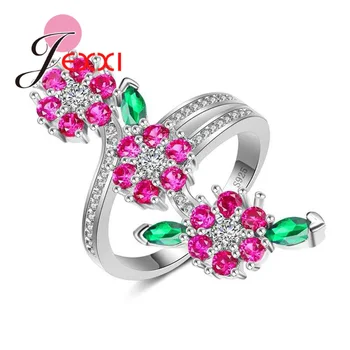 JEXXI 2017 Nouă Femei Elegante Frumos Inel Floare Trandafir Rosu&Verde de Cristal Ramură Forma de Floare Argint 925 Petrecere Bijuterii