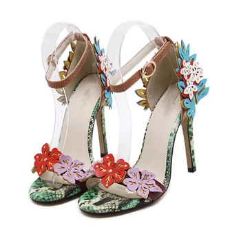 KNCOKAR 2018 noi cu toc sandale Europene și comerciale Europene de moda de mare și florale șarpe nit adancit-out pantofi pentru femei